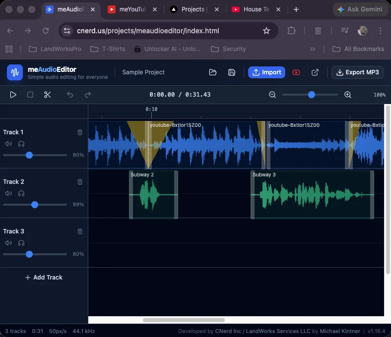 meAudioEditor multitrack timeline with audio waveforms and track controls