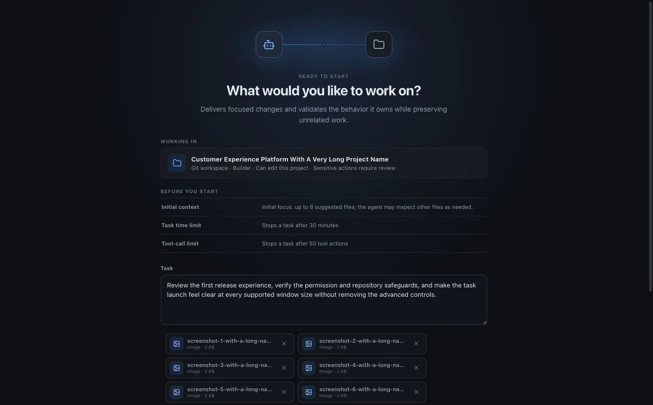 CNerd Forge task review screen showing project context, task limits, and attachments