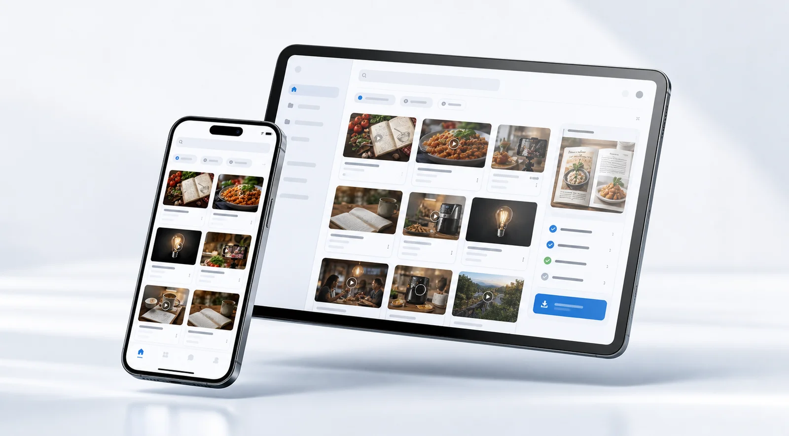 CueSAGE product illustration showing a creator library on phone and tablet