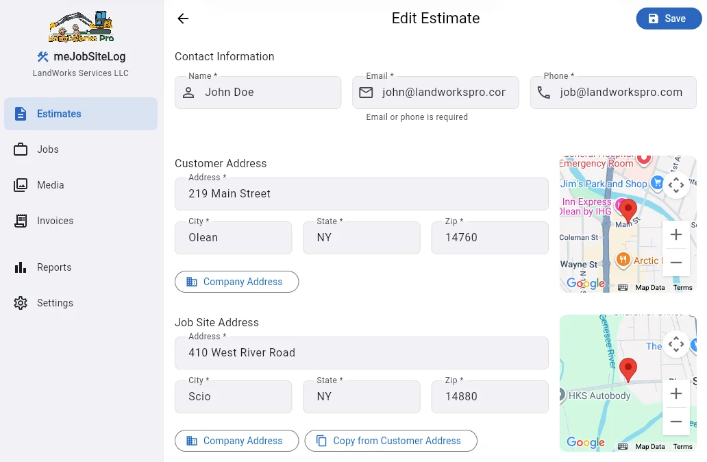meJobSiteLog estimate screen with contact information and job site maps