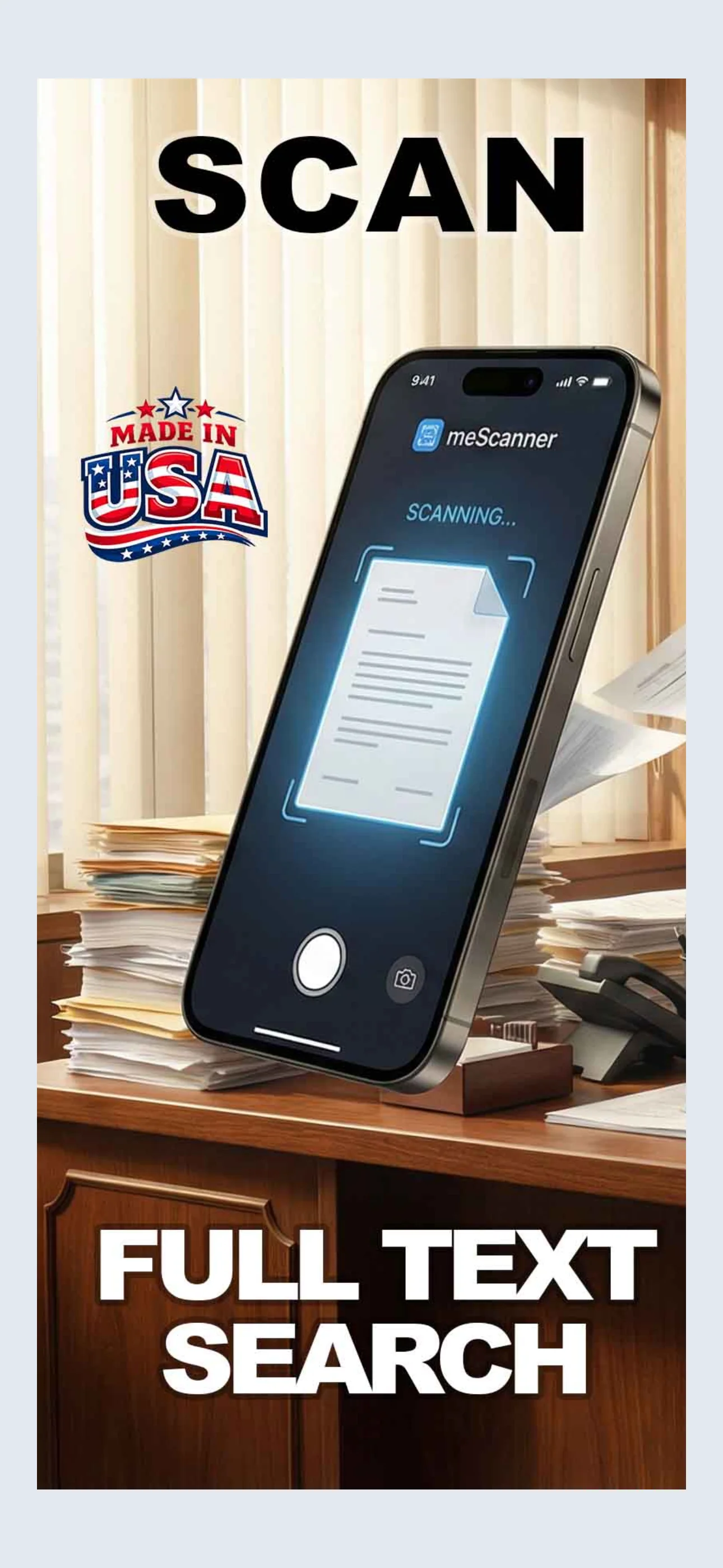 Existing meScanner promotional artwork showing document scanning on an iPhone