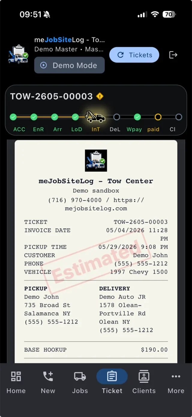 TowTruckCenter mobile demo showing a driver ticket
