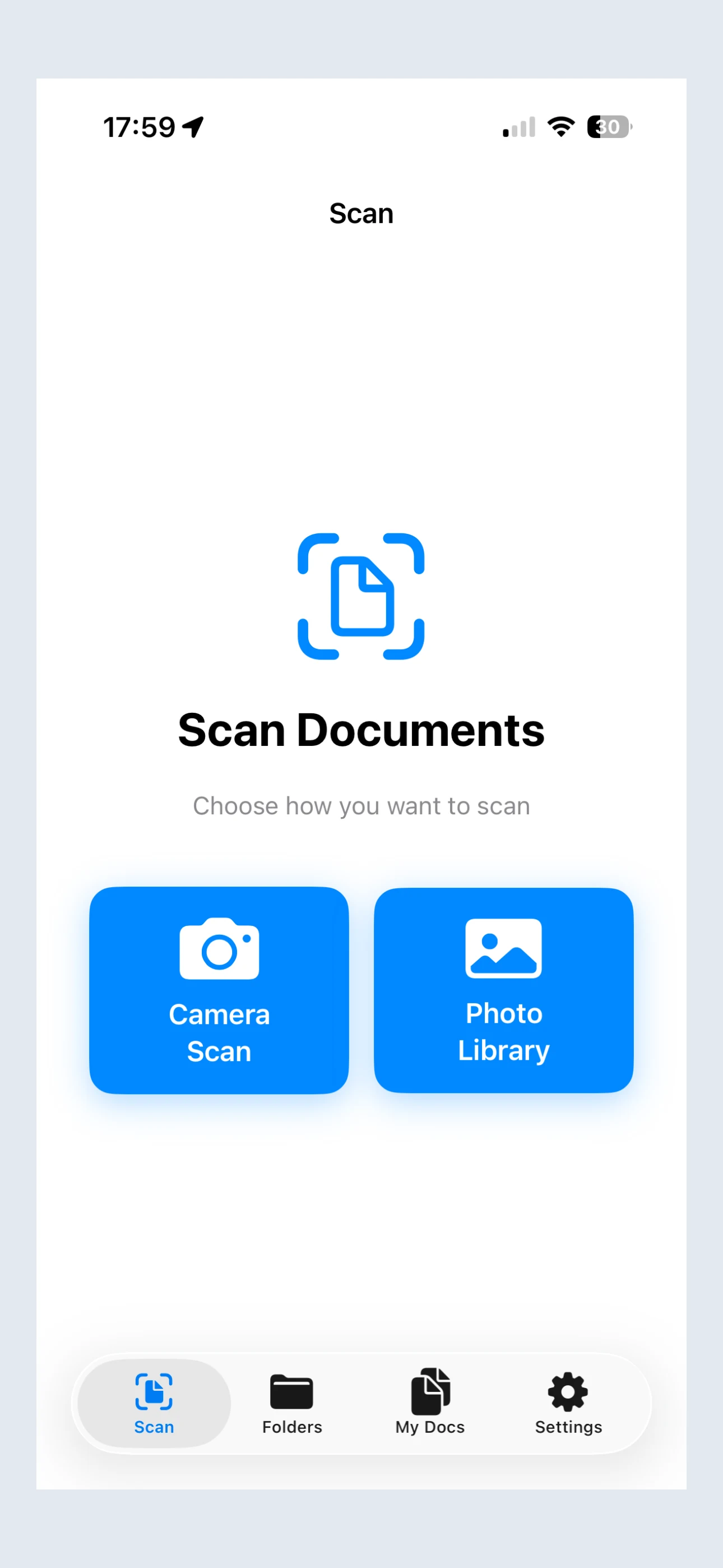 meScanner iPhone scan screen with Camera Scan and Photo Library options