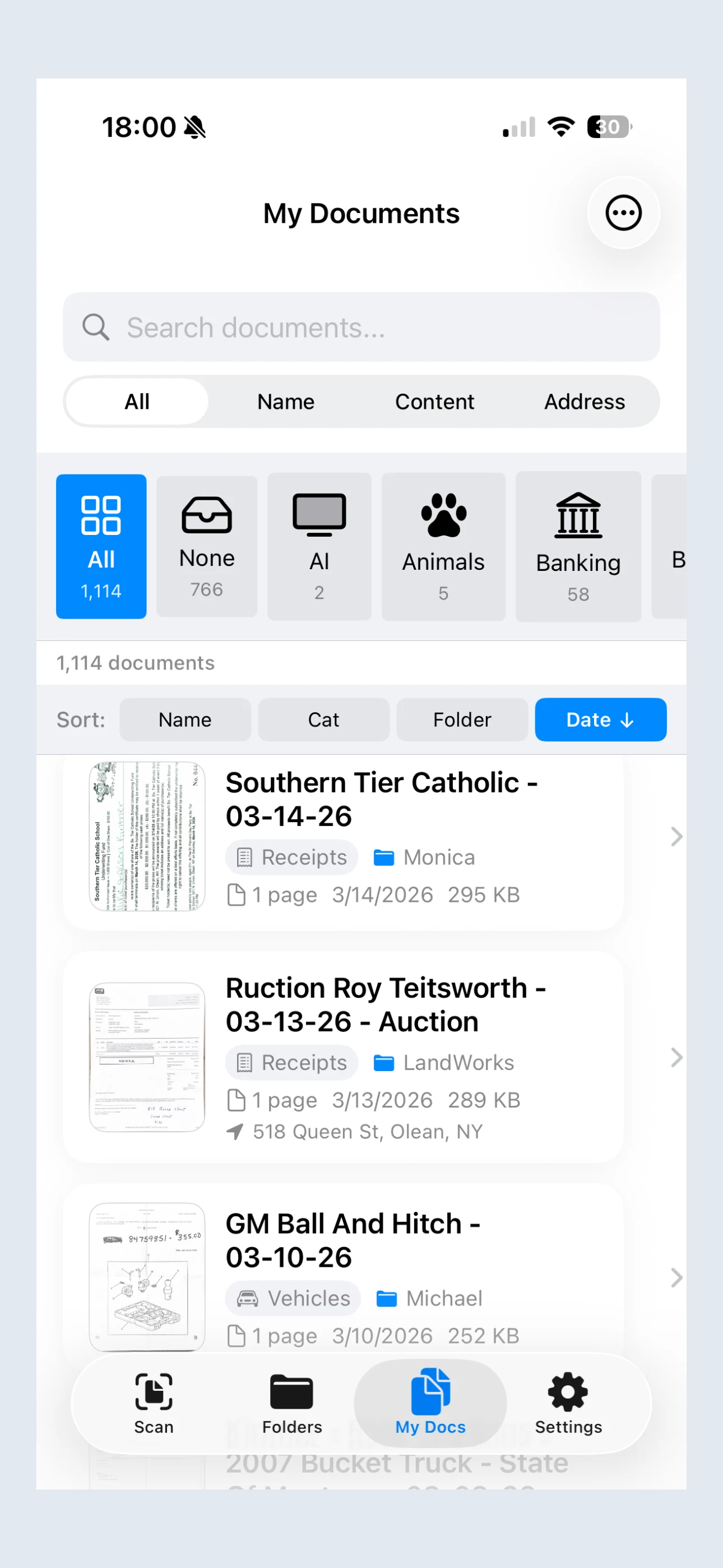 meScanner iPhone document library with search, categories, and saved documents
