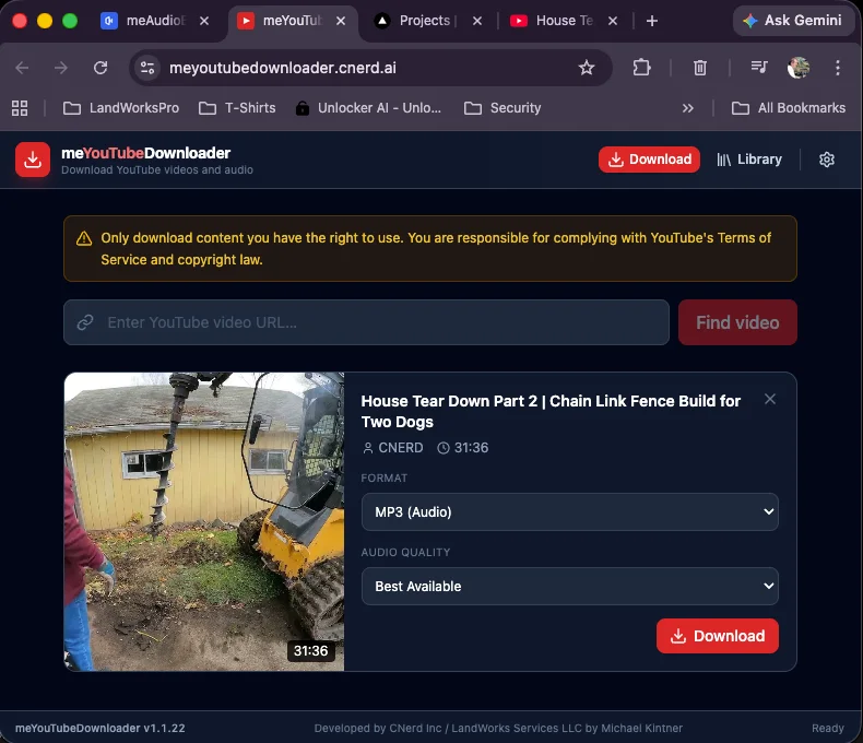 meYouTubeDownloader format selection and video metadata interface