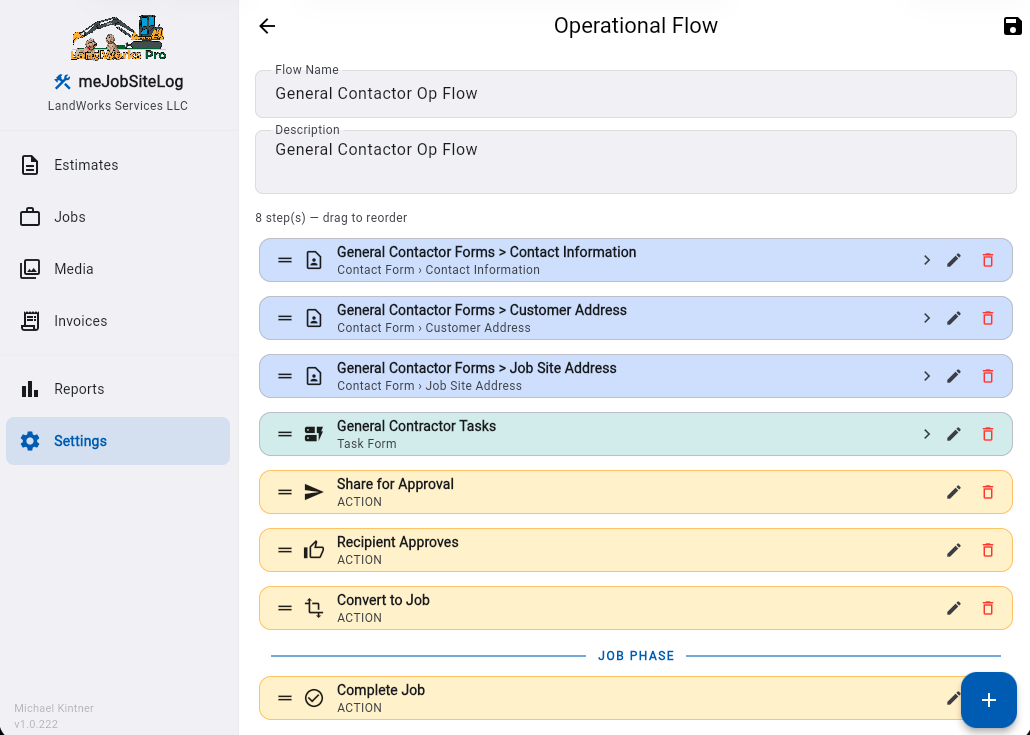 Operational Flow — Drag-and-drop workflow editor for general contractor processes.