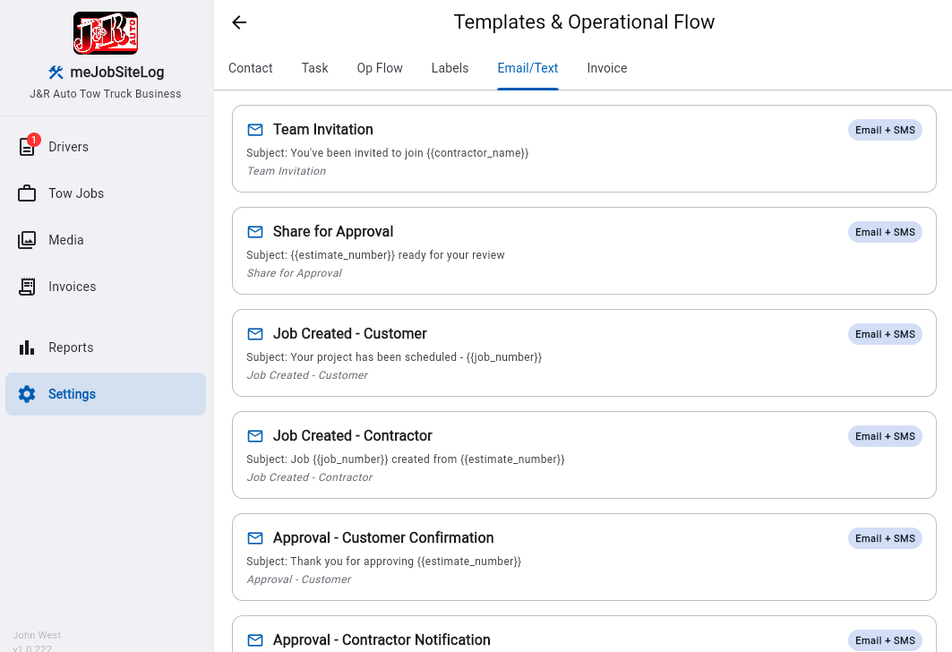 Email/Text Templates — Communication templates for invitations, approvals, and job notifications.