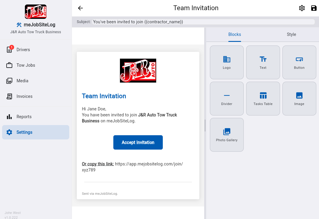Email Editor — Visual block-based editor for team invitations and branded communications.