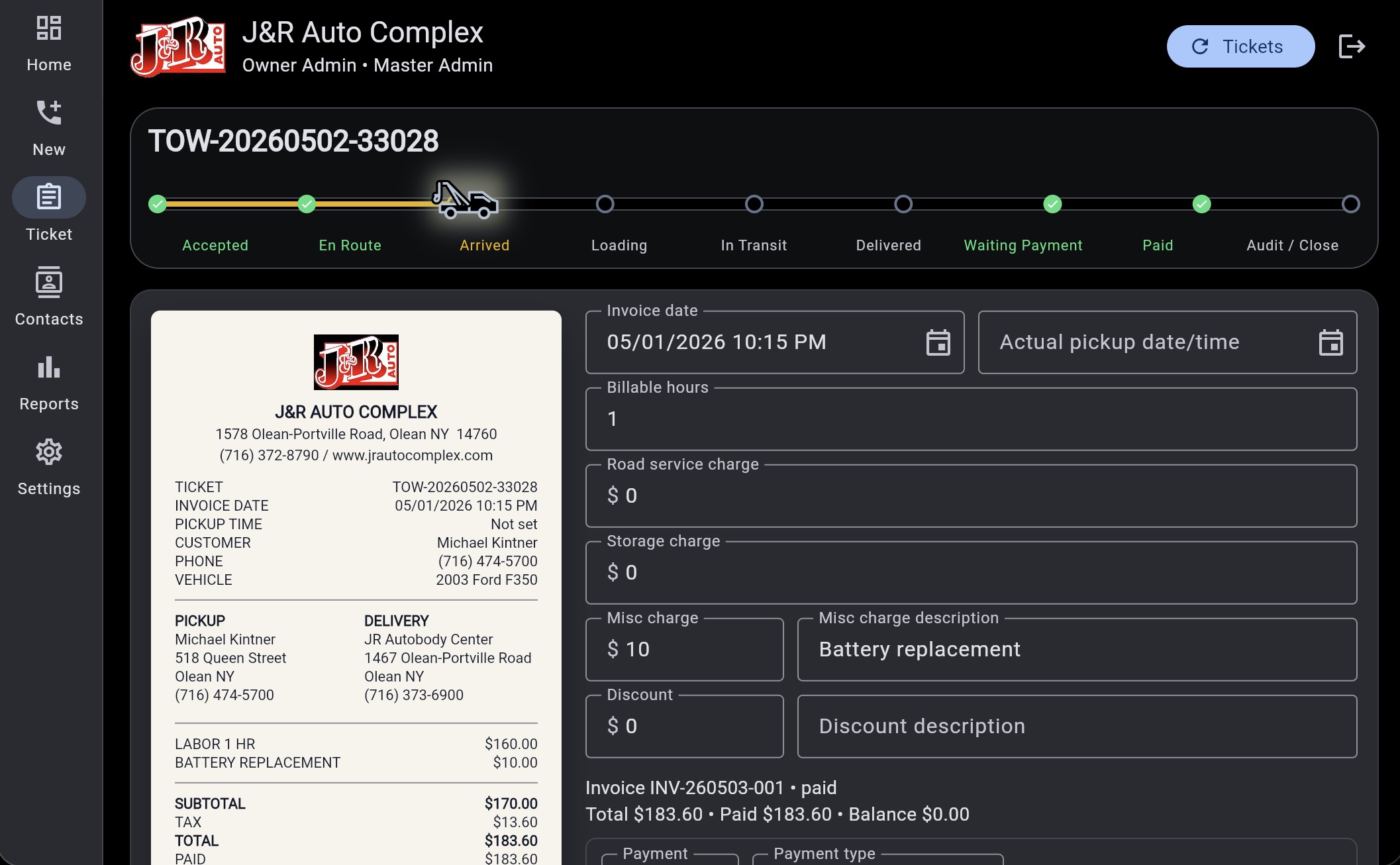 Invoice and payment - Office staff can review the generated ticket invoice, enter billable hours and extra charges, apply discounts, and confirm paid amounts and remaining balance.