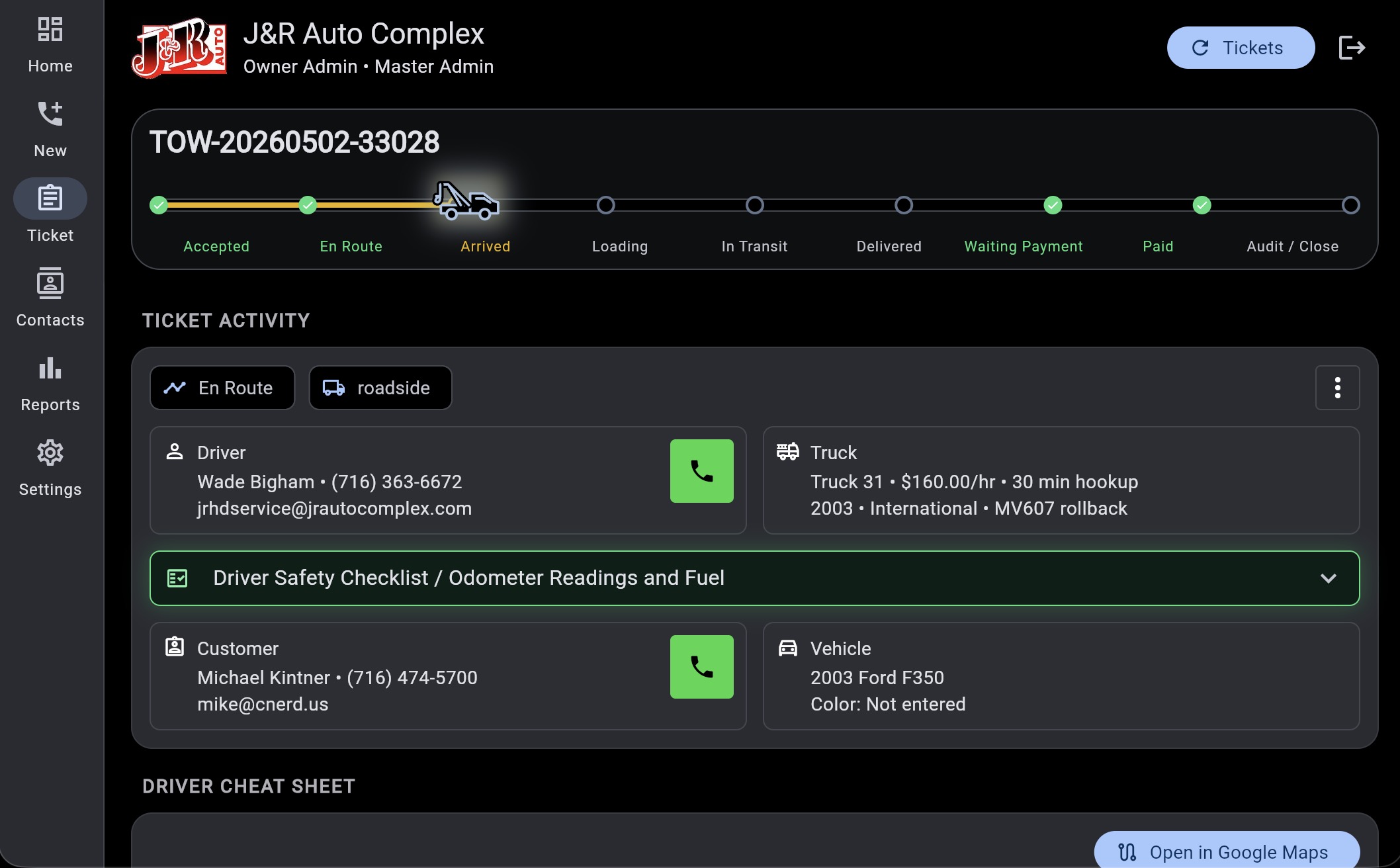 Ticket activity - The active job view combines driver, truck, customer, vehicle, roadside type, call buttons, and driver safety checklist access in one operational screen.