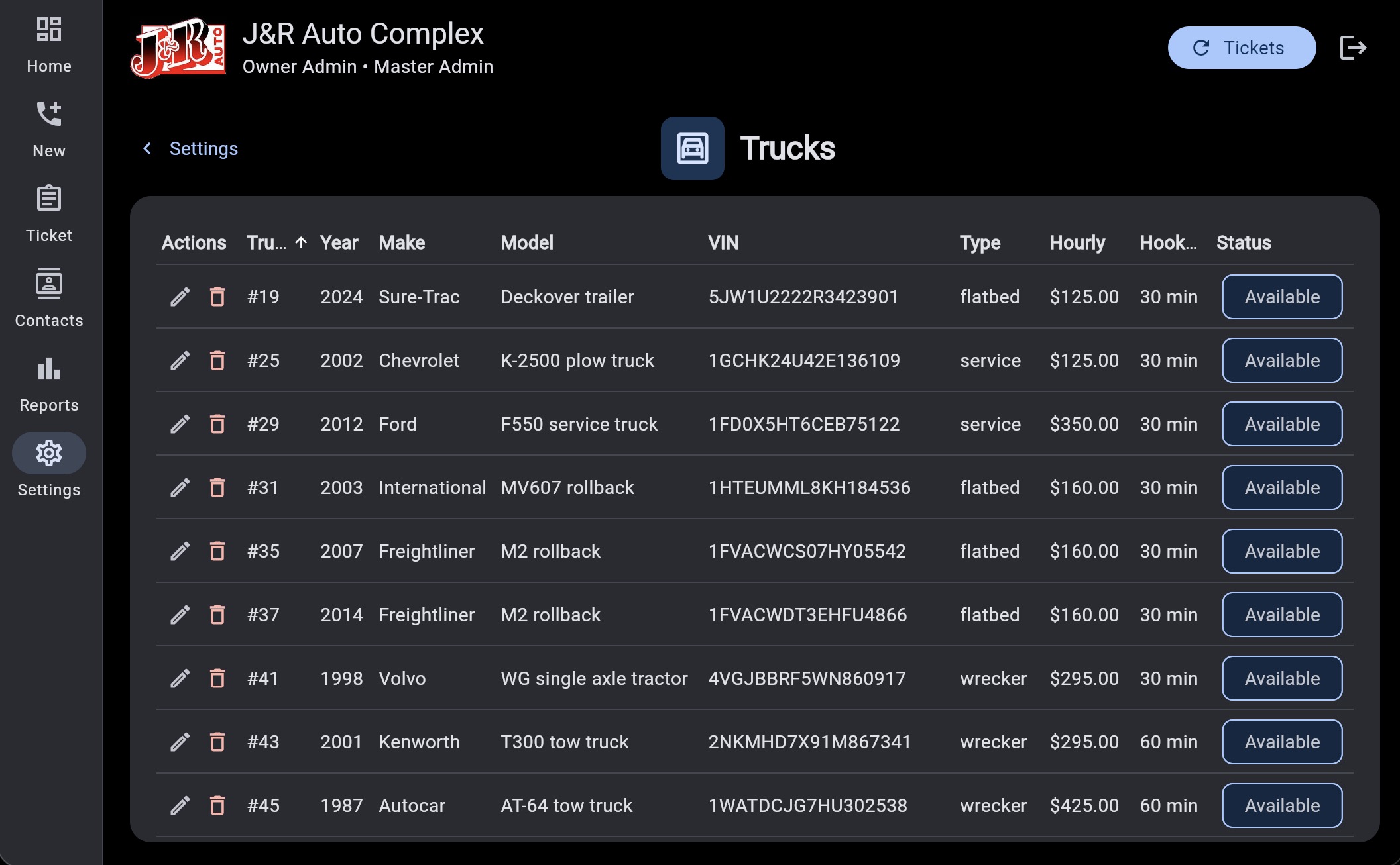 Truck settings - Fleet records list unit numbers, year, make, model, VIN, truck type, hourly rate, hook time, and availability so dispatch can choose the right equipment for each tow.