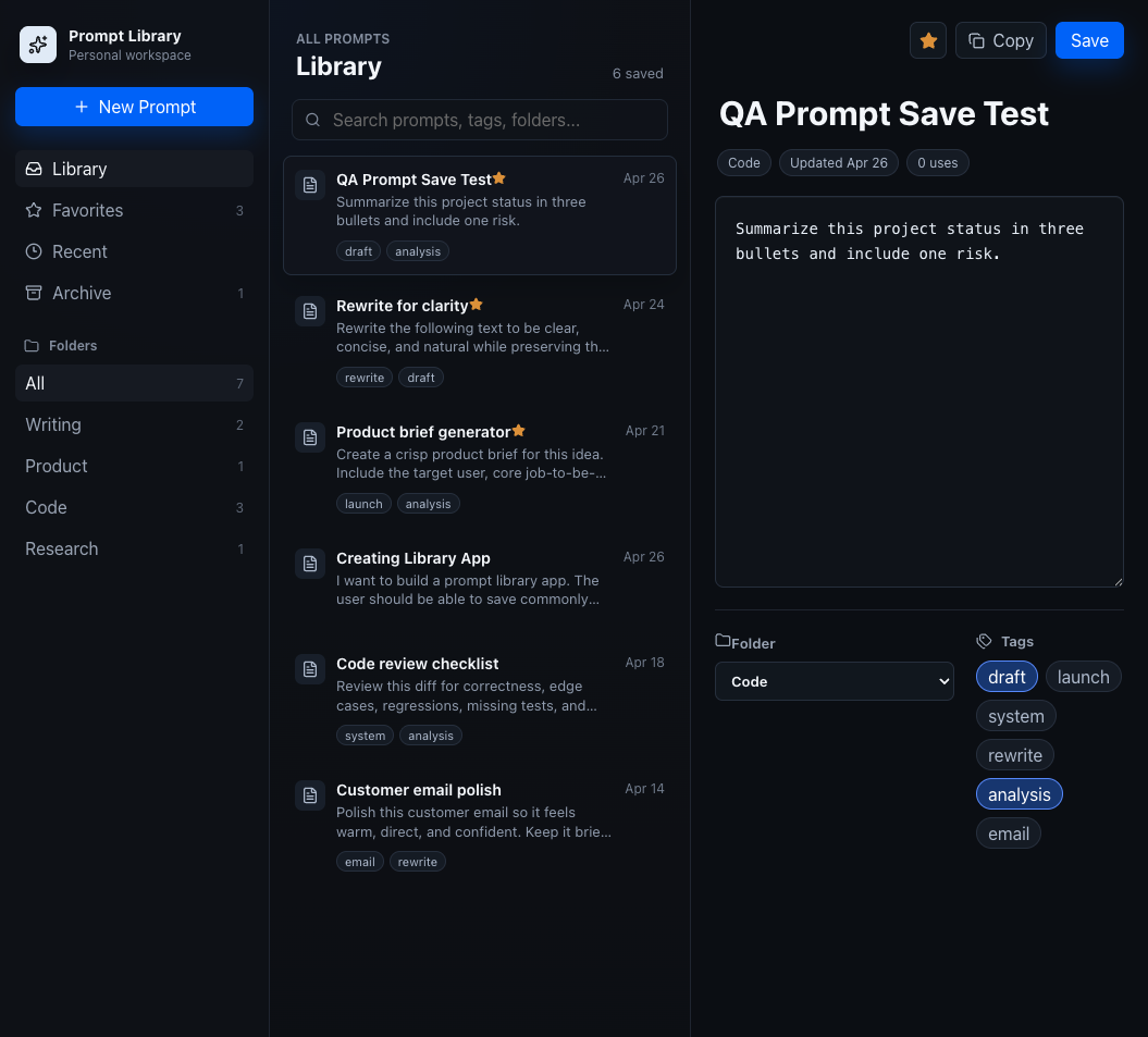 mePromptLibrary library and editor screen